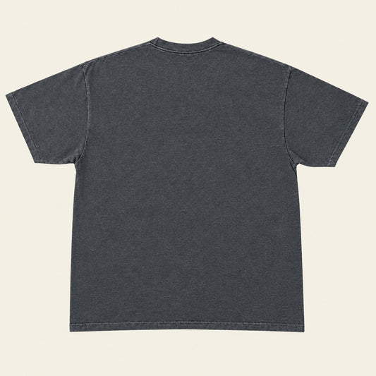 A dark charcoal gray short-sleeve t-shirt laid flat on an ivory background, showing the back view.