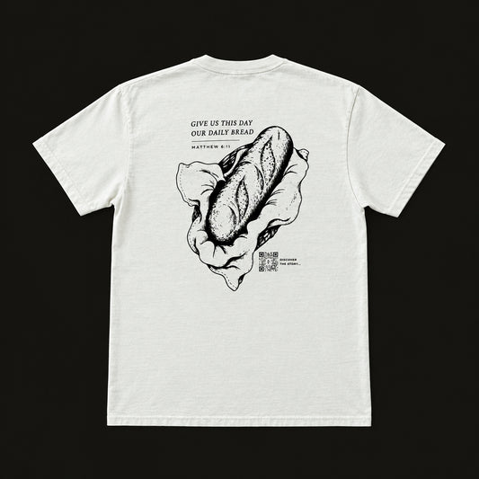 An off-white short-sleeve t-shirt laid flat on a charcoal background featuring a large black graphic of a loaf of bread on the back with the text 'GIVE US THIS DAY OUR DAILY BREAD' and 'Matthew 6:11.'.