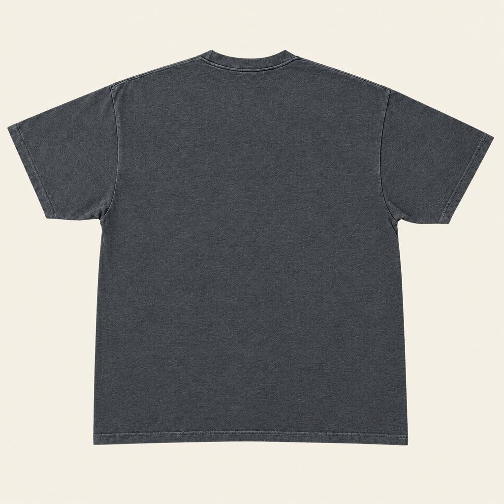 A dark charcoal gray short-sleeve t-shirt laid flat on an ivory background, showing the back view.