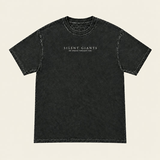 A dark charcoal gray t-shirt with 'SILENT GIANTS' printed in ivory across the chest, laid flat on a cream background.