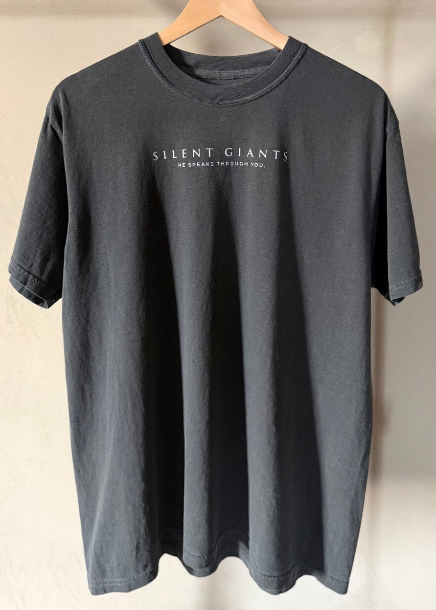 A dark charcoal gray t-shirt hanging on a wooden hanger against a light beige wall. The shirt features the text 'SILENT GIANTS' and 'HE SPEAKS THROUGH YOU.